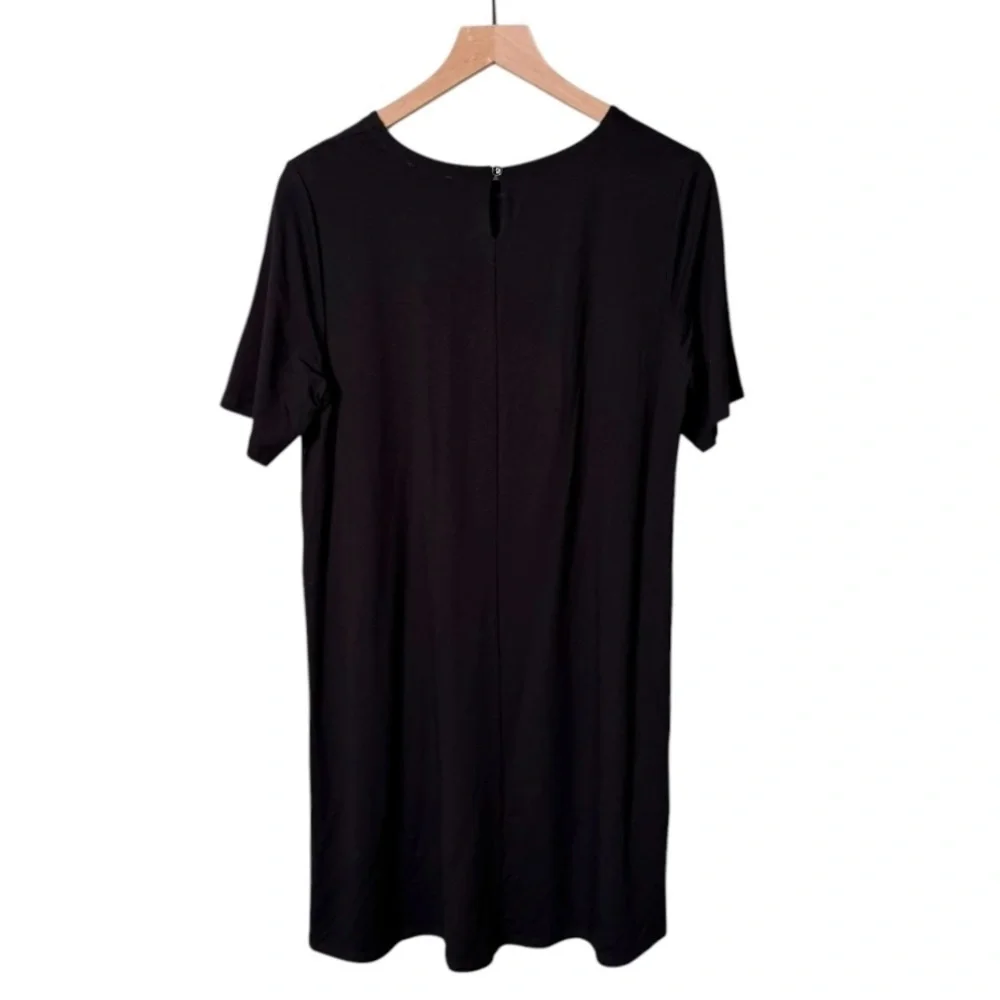Eileen Fisher Short Sleeve Crewneck Keyhole Back Dress Black‎ Size Petite Large